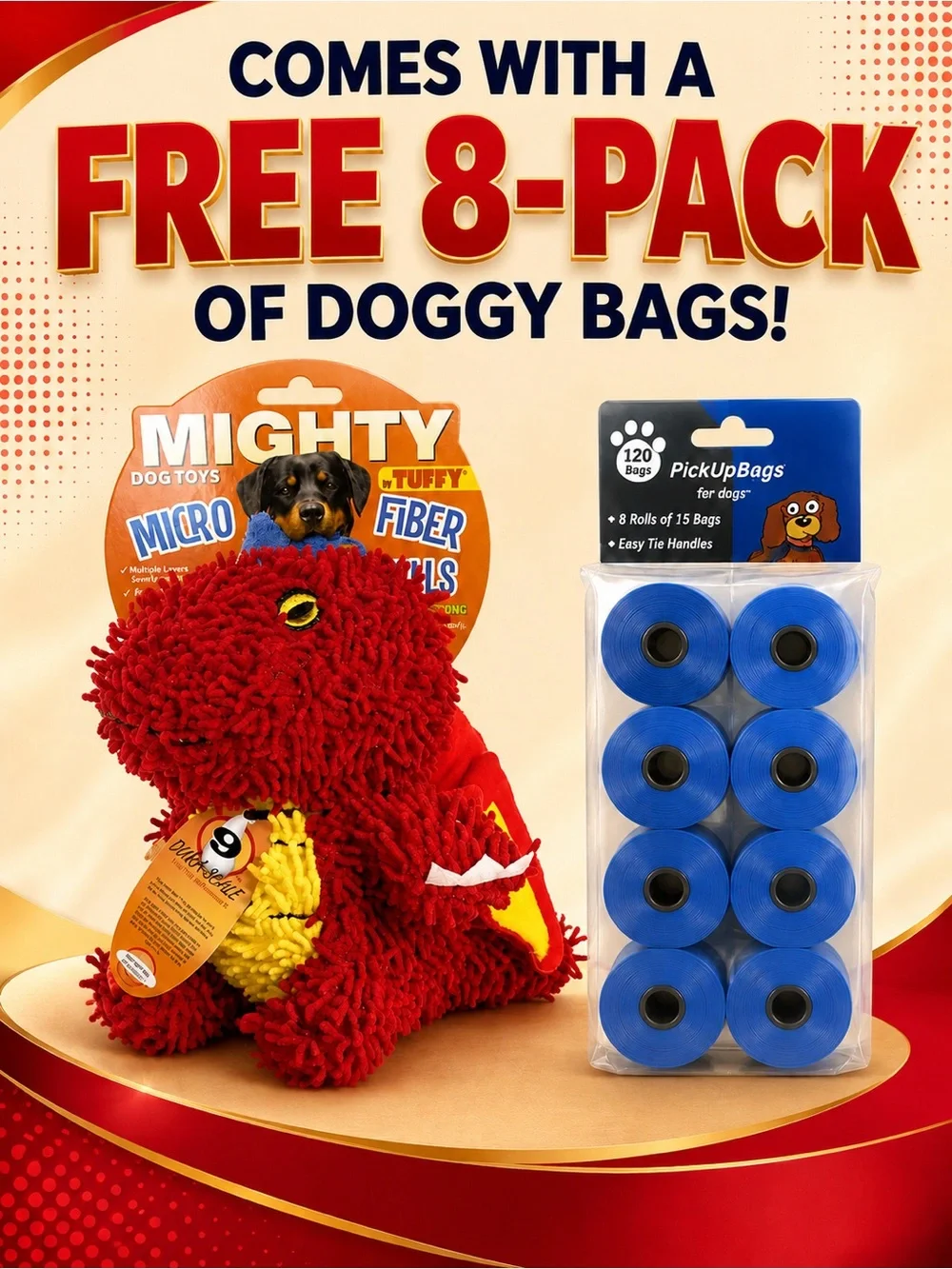 Mighty Toys Microfiber Ball Dragon Durable Squeaky Dog Toy Plus Dog Bags & Treat
